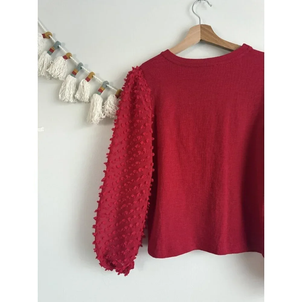 Anthropologie Maeve Textured Slub Cotton Puff Sleeve Top Red Boho Relaxed Fit XS